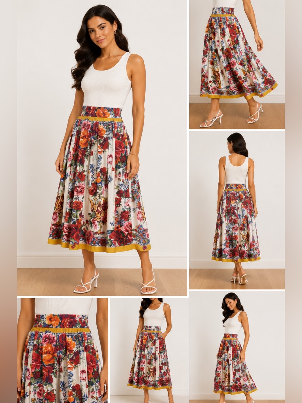Dolce & Gabbana Cream Floral Midi Skirt with Yellow Trim - Picture 4 of 12